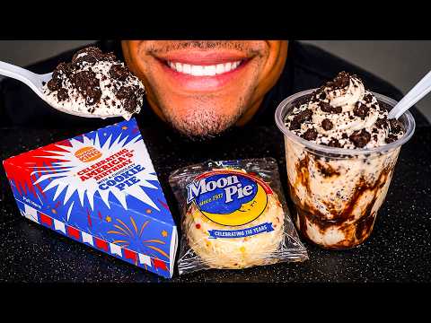 ASMR BURGER KING FIRECRACKER COOKIE PIE BIRTHDAY MOON PIE OREO SUNDAE MUKBANG