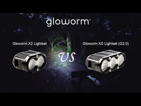 Click to view video Gloworm XS Lightset 2800 Lumen vs Gloworm X2 Lightset 2000 Lumen Bike Lights, On and Off road test