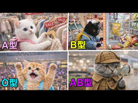 【仲良し猫4人組の休日】ショッピングセンターで性格の違う猫たちの個性が爆発!【血液型あるある】