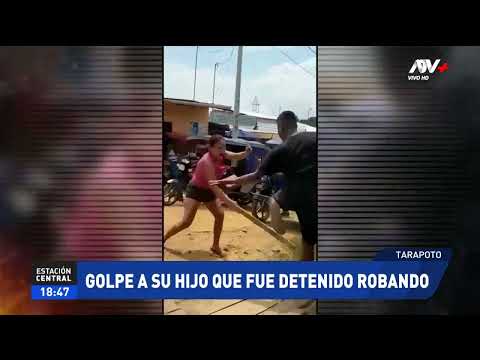 Indignada madre agarra a palazos a su hijo tras ser detenido robando en Tarapoto