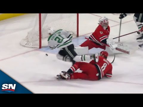 Stars Jason Robertson Finds Back Of The Net While Falling To The Ice vs. Hurricanes