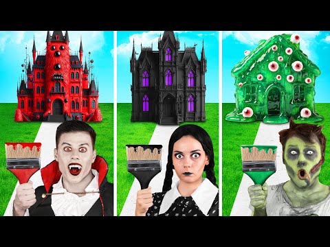 Jednofarebný Dom Výzva Wednesday vs Upír vs Zombie | Úžasná Umelecká Výzva Fun Teen