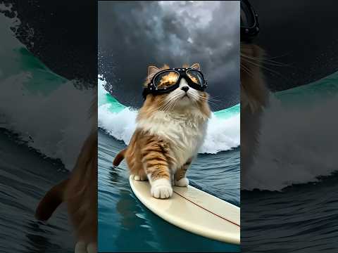 Brave Cat Surfs Giant Waves 🌊🐱 | No Wave Too Big for a Fearless Heart