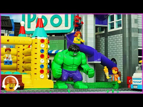 Lego Swimming Pool SLIDE DISASTER! Can HULK and SPIDERMAN Save the Day?