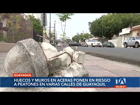 La ciudadanía denuncia aceras con huecos sin tapas y muros de cemento en Guayaquil