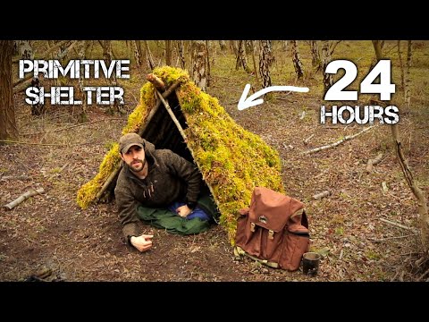 24 HOURS: Sleeping in Primitive Survival Shelter with Moss Roof | Bushcraft | Military MRE Rations