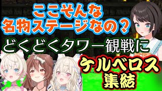 【スーパードンキーコング2】の名所"どくどくタワー"に挑む【大空スバル】を煽りに集結するホロライブのケルベロス【戌神ころね】【フワワ】【モコ
