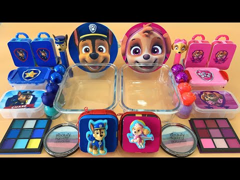 PAW PATROL Chase vs Skye Slime Mixing Makeup,Eyeshadow,Glitter,Clay Into Clear Slime ASMR No Talking