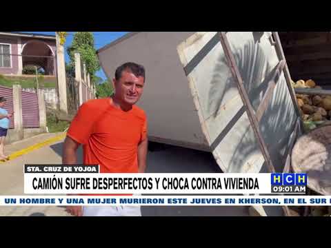 Camión cargado de cocos se estrella con casa y por poco ocasiona tragedia en Santa Cruz de Yojoa