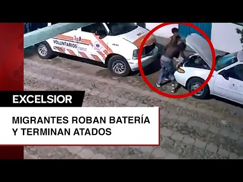 Migrantes roban batería de auto en Chiapas y terminan atados y rapados