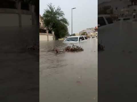 Dubai roads flooded due to heavy rainfall and thunderstorms.
