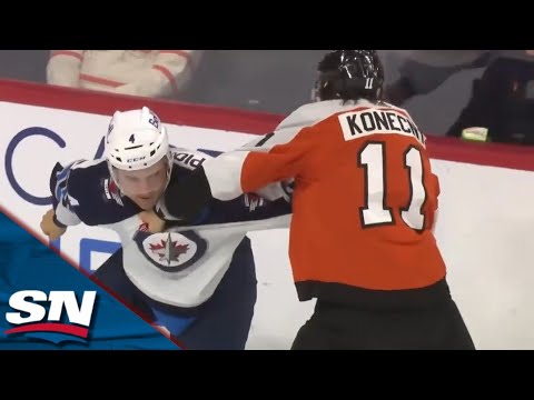 Flyers Travis Konency Drops The Gloves With Jets Neals Pionk And Exchange Blows In Heated Tilt