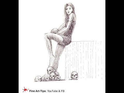 HOW TO DRAW A WOMAN WITH SKULLS - PEN & INK