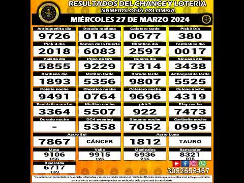 Resultados del Chance del MIÉRCOLES 27 de marzo de 2024 Loterias  #chance #loteria #resultados