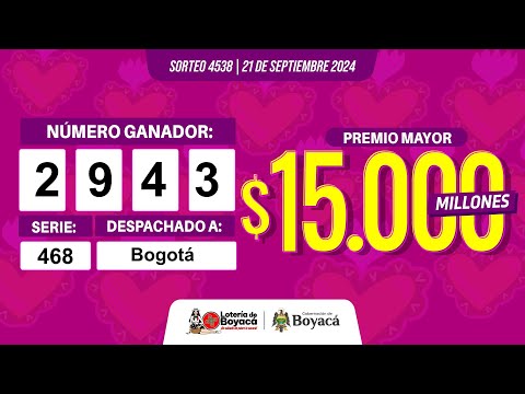 Premio Mayor | Lotería de Boyacá Sorteo 4538 #CanalTelesantiago 21 de septiembre 2024