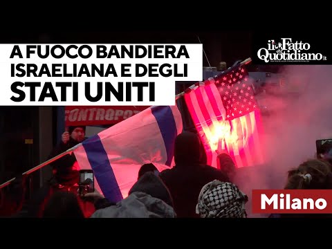 Corteo pro-Palestina a Milano, manifestanti bruciano bandiera israeliana e degli Stati Uniti