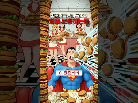 햄버거를 먹고 힘을 보충하는 <strong>슈퍼맨</strong>