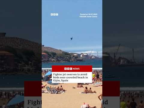 Fighter jet swerves to avoid birds near crowded beach in Gijón, Spain. #Spain #BBCNews