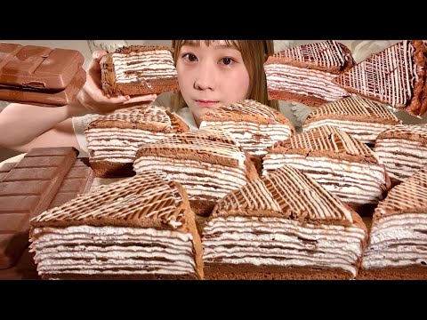 ASMR Crispy Chocolate Crepe Cake 【Mukbang/ Eating Sounds】【English subtitles】