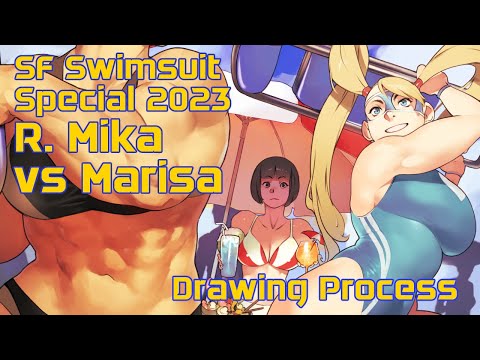 Street Fighter Swimsuit Special 2023 Rainbow Mika vs Marisa drawing process