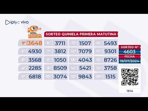 Sorteos 4603 Quiniela Primera Matutina, y 1678 Mini Quiniela Poceada, 19 de Julio del 2024.