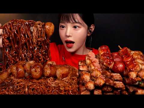 닭꼬치까지 쌓아먹기 실비김치 <strong>짜파게티</strong> <strong>불닭볶음면</strong> 꿀조합 Daechang &amp; Buldak Jjajang ramyeon Mukbang Asmr