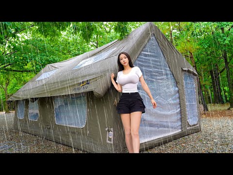 Camping in Heavy Rain with Luxury 2-Room Inflatable Tent | Camp ASMR