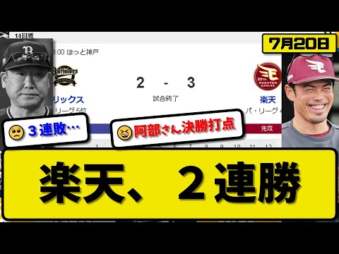 【4位vs5位】楽天イーグルスがオリックスバファローズに3-2で勝利…7月20日逆転勝ちで2連勝…先発岸5回2失点…フランコ&阿部&石原が活躍【最新・反応集・なんJ・2ch】プロ野球