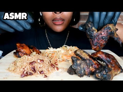 ASMR Jerk Chicken, Rice & Peas, Cabbage and Plantains Mukbang | eating sounds, burping