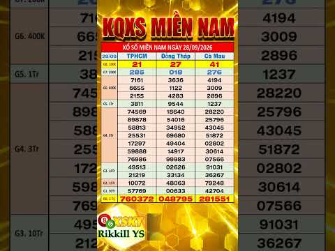 Kết quả xổ số Miền Nam thứ 2 ngày 28/9/2026 (xs TPHCM, xs Đồng Tháp, xs Cà Mau)