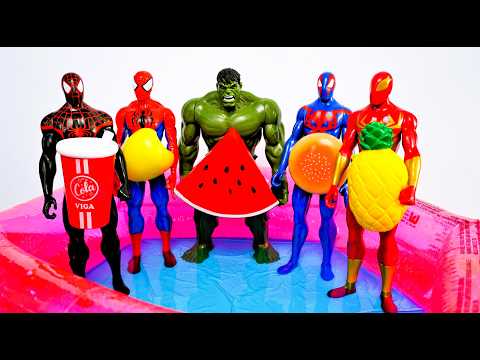 Learn Fruits & song with Superheros Jumping on the bed water