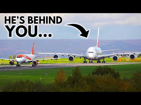 A380 vs A320: Emirates shares runway with easyJet | A380 CLOSEUP Takeoff at Manchester Airport (4K)