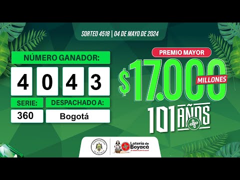 Premio Mayor | Lotería de Boyacá #CanalTelesantiago Sorteo 4518 - 04 de mayo 2024