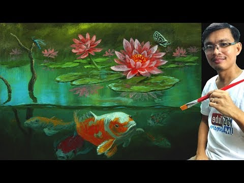 Acrylic Painting Tutorial Koi Fishes With Lotus Flowers In Pond Jm Lisondra - Dragonfly Pond Easy Beginner Acrylic Painting Tutorial