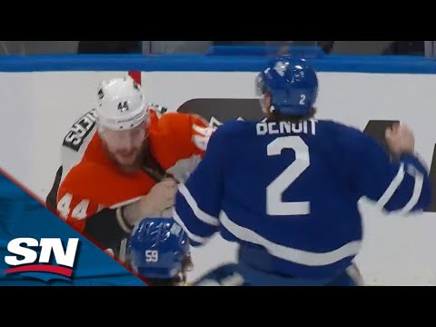 Maple Leafs Simon Benoit Crushes Flyers Cam York Before Fighting Nicolas Deslauriers