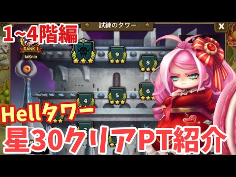 【Hellタワー】7-8月編⭐️30完全クリアPT紹介。火のマカロンが強すぎる‼️(1~4階)【#サマナーズウォー】