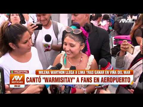 Milena Warthon llega a Lima tras ganar en Viña del Mar y canta Warmisitay en el aeropuerto