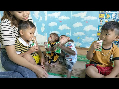 Mimi Kuku and brother are delighted to receive a large carton of milk from Mom