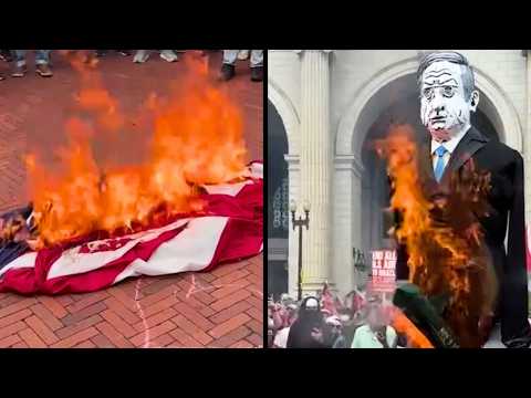 Protesters BURN American Flag and Raise Palestine Flag in Its Place