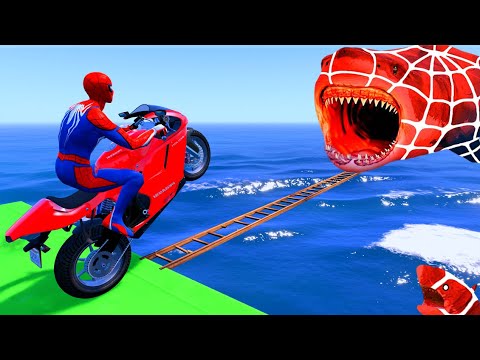 الأبطال الخارقين على القضبان دوامة قمع جسر SPIDER MAN!on Motorcycle in Spiral Bridge Stunt Ride🐱‍💻