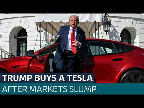 Trump buys a Tesla amid market turmoil, as he flip-flops on new tariffs against Canada | ITV News