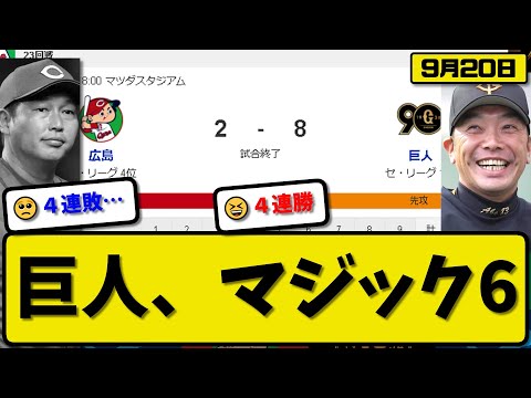 【1位vs3位】読売ジャイアンツが広島カープに8-2で勝利…9月20日4連勝で優勝マジック6…先発井上5回1失点8勝目…吉川&岡本&坂本&オコエが活躍【最新・反応集・なんJ・2ch】プロ野球