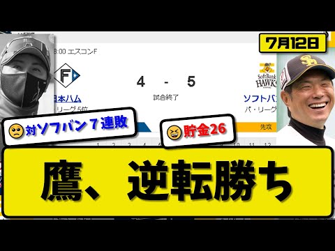 【1位vs4位】ソフトバンクホークスが日本ハムファイターズに5-4で勝利…7月12日逆転勝ちで連敗止める貯金26…先発スチュワート7回2失点…近藤&栗原&今宮&柳町が活躍【最新・反応集・なんJ】