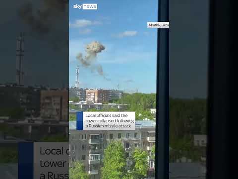 Moment Kharkiv TV tower snaps in half