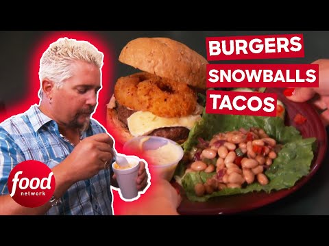 Guy Fieri's Culinary Tasty Adventures with Burgers, Snowballs, and Tacos! | Diners Drive-Ins & Dives