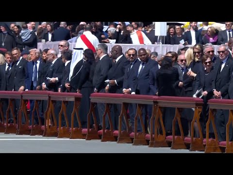 US President Trump and French President Macron shake hands during Pope Francis funeral mass | AFP