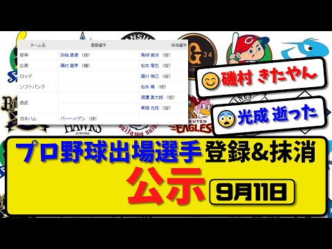 【公示】プロ野球 出場選手登録＆抹消 公示9月11日発表｜阪神青柳 広島松本 ロッテ唐川 ソフ松本 西武渡邉&高橋ら抹消|阪神浜地 広島磯村ら登録【最新・まとめ・反応集・なんJ・2ch】