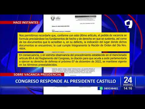 Congreso: Moción de vacancia contra Pedro Castillo se debatirá este Miércoles