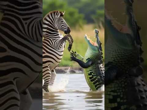 Zebra and Crocodile fighting aggressively #dreamscreenai #shorts #shortsfeed #shortvideo #wildlife