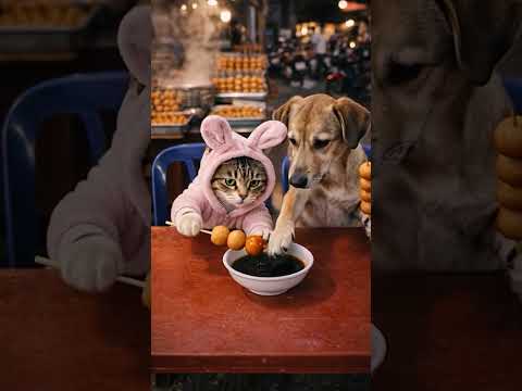 Cat and Dog 🐱🐶 Fried Fish Ball Feast 😂 #viral #satisfying #funny